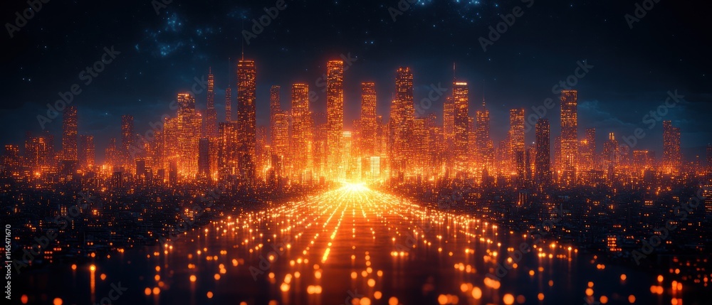 Fototapeta premium Futuristic cityscape illuminated by glowing lights.