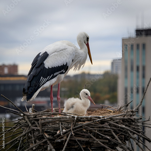 White storks with young baby stork on the nest Generative AI