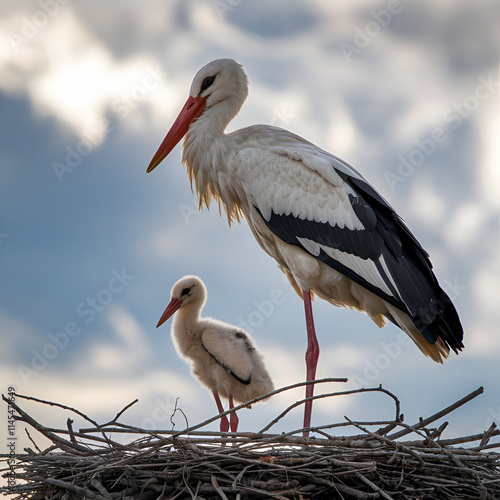 White storks with young baby stork on the nest Generative AI