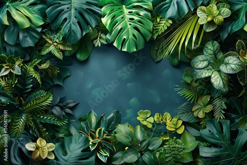 Lush greenery creates a vibrant, tropical frame. The deep green hues and variety of leaves offer a tranquil and natural aesthetic.