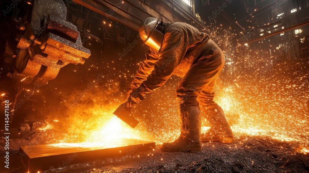 A steelworker forging metal in a fiery workshop, hammering a glowing piece of steel on an anvil. Sparks fly, and the intense heat radiates from the forge, emphasizing the raw power of industrial A steelworker forging metal in a fiery workshop, hammering a glowing piece of steel on an anvil. Sparks fly, and the intense heat radiates from the forge, emphasizing the raw power of industrial