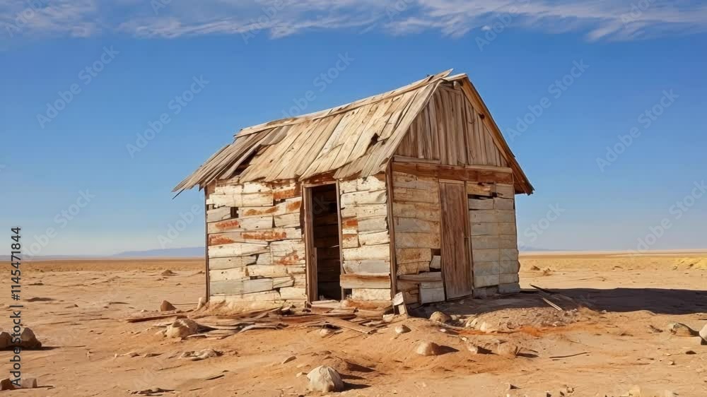 Old abandoned shack in a barren desert, weathered and forgotten under the bright blue sky with fluffy white clouds, whispers tales of poverty and solitude Old abandoned shack in a barren desert, weathered and forgotten under the bright blue sky with fluffy white clouds, whispers tales of poverty and solitude