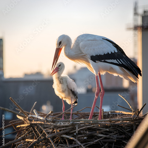 White storks with young baby stork on the nest Generative AI