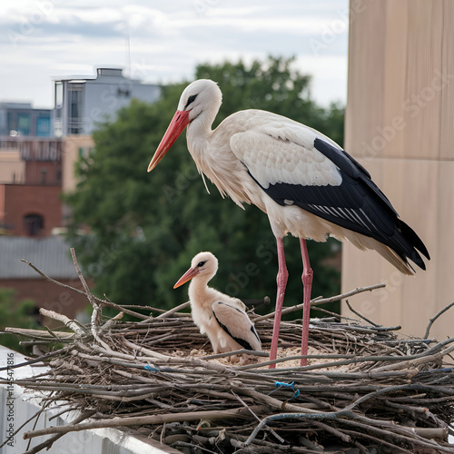 White storks with young baby stork on the nest Generative AI