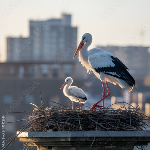 White storks with young baby stork on the nest Generative AI