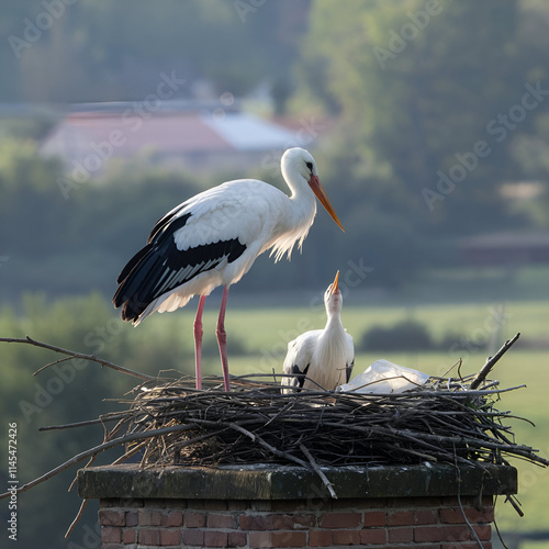 White storks with young baby stork on the nest Generative AI