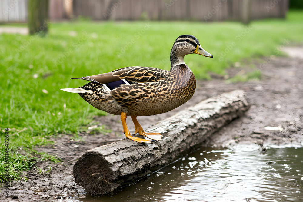 Female duck standing on a log near water in a natural grassland setting surrounded by greenery and tranquility Female duck standing on a log near water in a natural grassland setting surrounded by greenery and tranquility