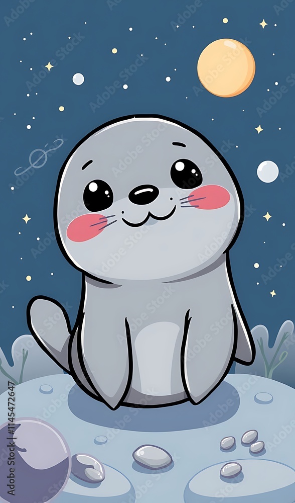 Fototapeta premium Cute seal sits playfully on moonlit cosmic planet digital art.. AI Generated