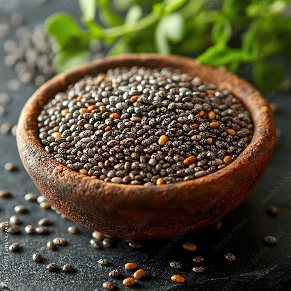 A bowl filled with small black and brown seeds, surrounded by scattered seeds and green leaves. A bowl filled with small black and brown seeds, surrounded by scattered seeds and green leaves.