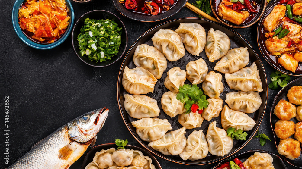 Chinese New Year Concept. Delicious dumplings and fish on festive table setting Chinese New Year Concept. Delicious dumplings and fish on festive table setting