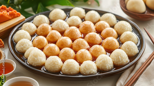 Chinese New Year Concept. Delicious sticky rice balls served in sweet syrup