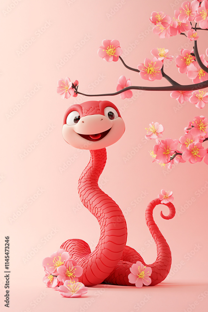 Fototapeta premium Snake and flower combination cartoon illustration background on red background