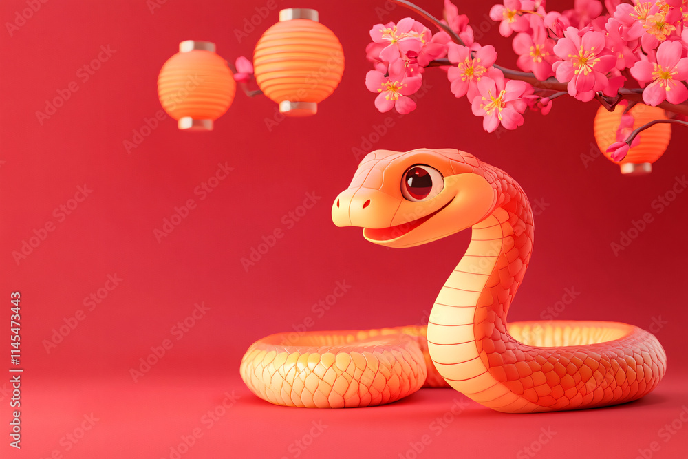 Fototapeta premium Snake and flower combination cartoon illustration background on red background