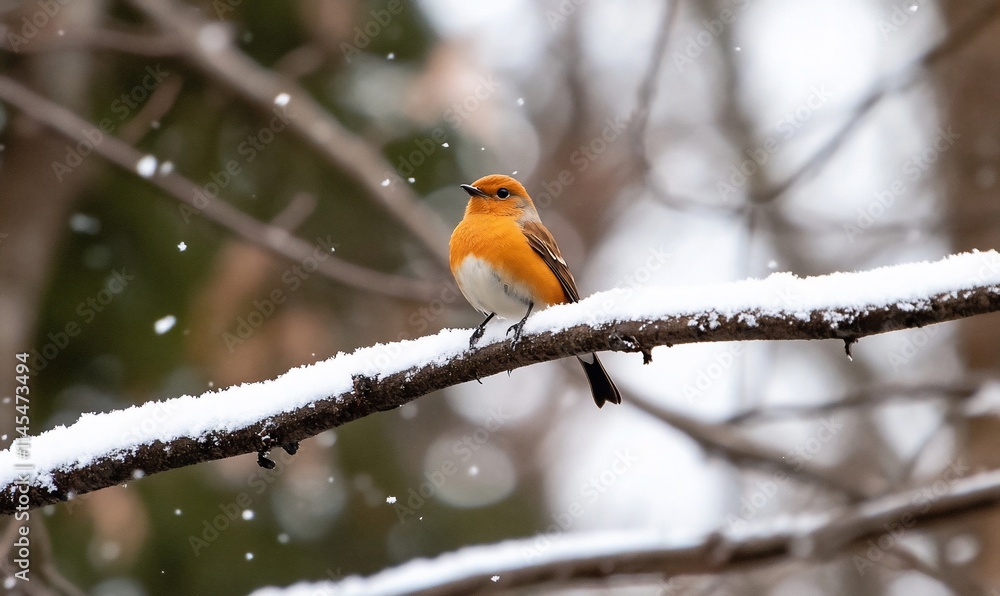 A vibrant orange bird perched on a snow-covered branch in winter. A vibrant orange bird perched on a snow-covered branch in winter.