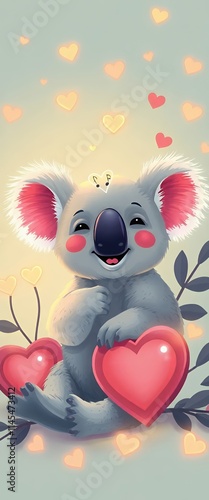 there is a koala holding a heart with hearts around it. photo