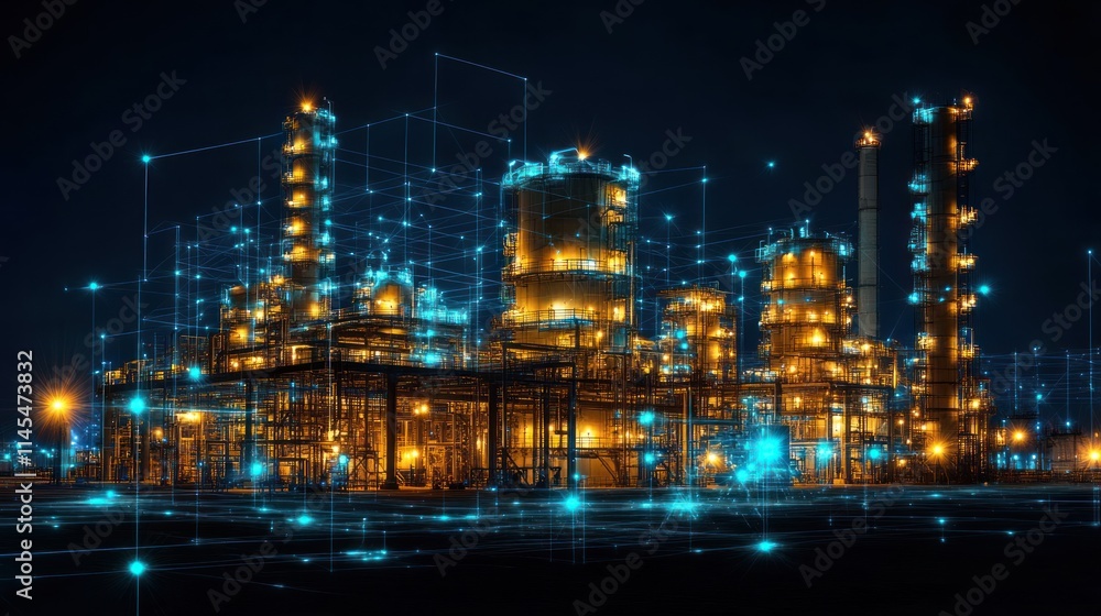 Obraz premium Industrial complex illuminated with digital overlays.