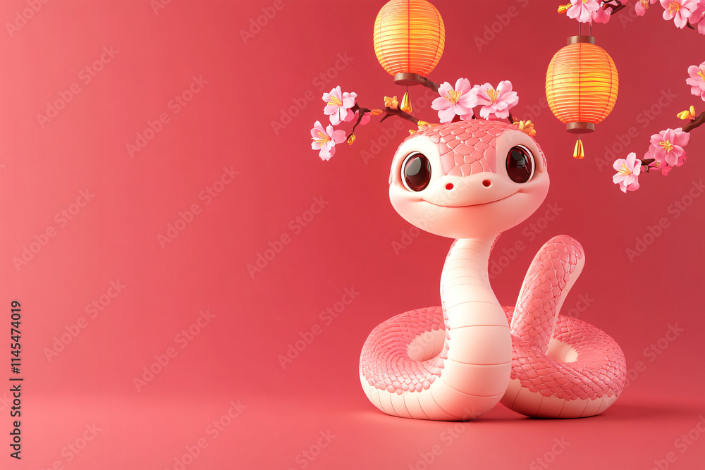 Fototapeta premium Snake and flower combination cartoon illustration background on red background