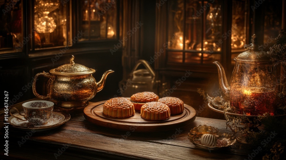 Festive Mid-Autumn Setup with Mooncakes and Tea Set Festive Mid-Autumn Setup with Mooncakes and Tea Set