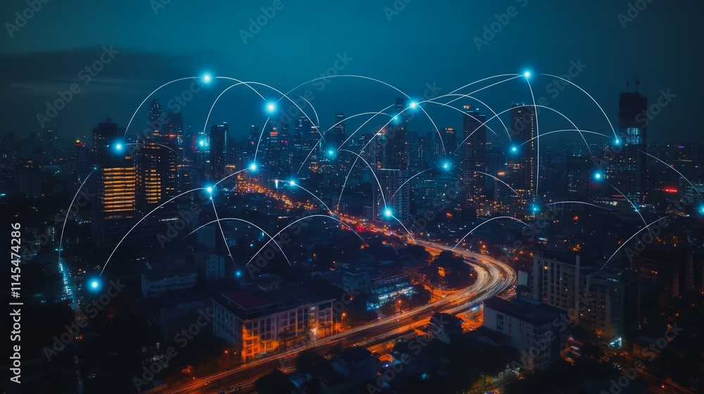 Smart digital city with connection cyber security network reciprocity over the cityscape . future smart wireless digital city and social media networking systems that connects people within the city Smart digital city with connection cyber security network reciprocity over the cityscape . future smart wireless digital city and social media networking systems that connects people within the city