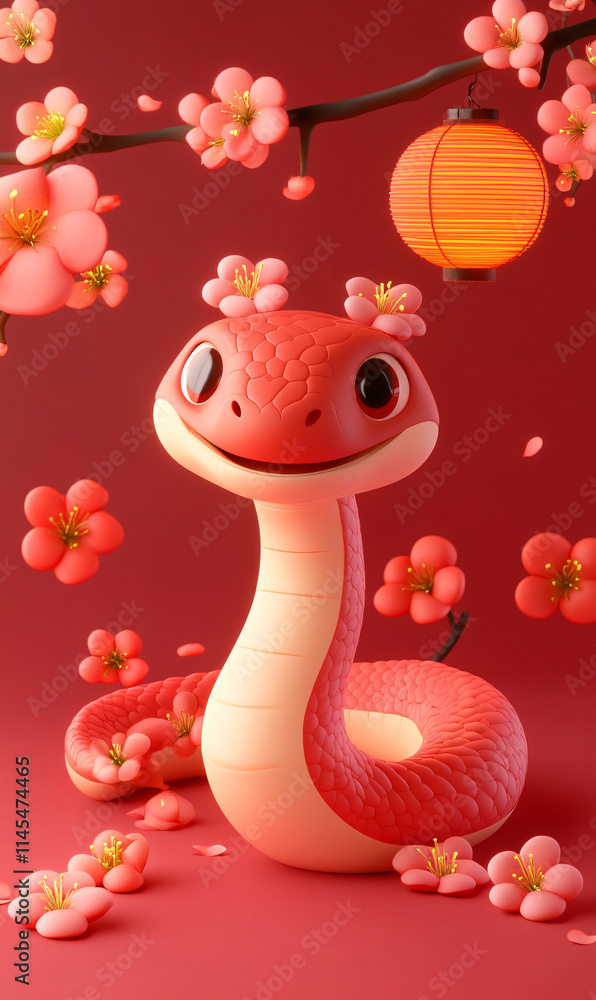 Fototapeta premium Snake and flower combination cartoon illustration background on red background