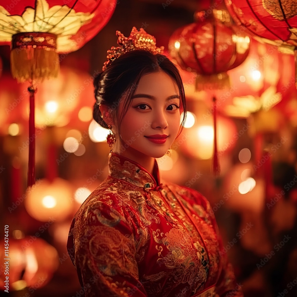 Elegant Woman in Red Chinese Dress Amidst Lanterns Elegant Woman in Red Chinese Dress Amidst Lanterns