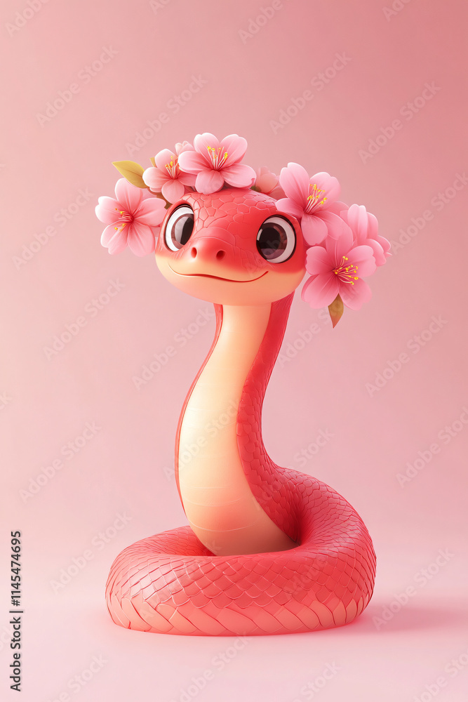 Fototapeta premium Snake and flower combination cartoon illustration background on red background