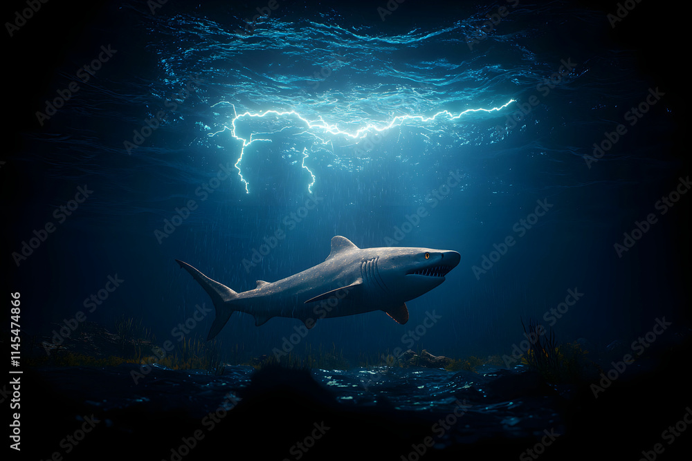 Fototapeta premium Underwater Scene of a Shark Swimming Beneath a Stormy Ocean with Lightning in the Background