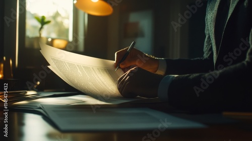 Late Night Deal Closing: A businessman meticulously reviews and signs important legal documents in a dimly lit office, illuminated by a warm desk lamp.  The scene conveys seriousness, focus.