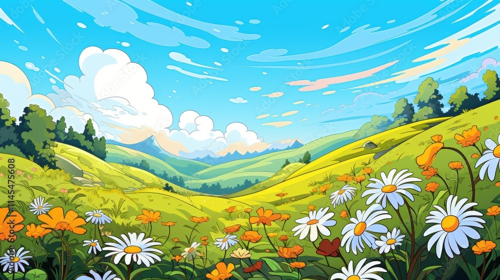 Idyllic Hillside Meadow With Blooming Daisies And Mountains Idyllic Hillside Meadow With Blooming Daisies And Mountains