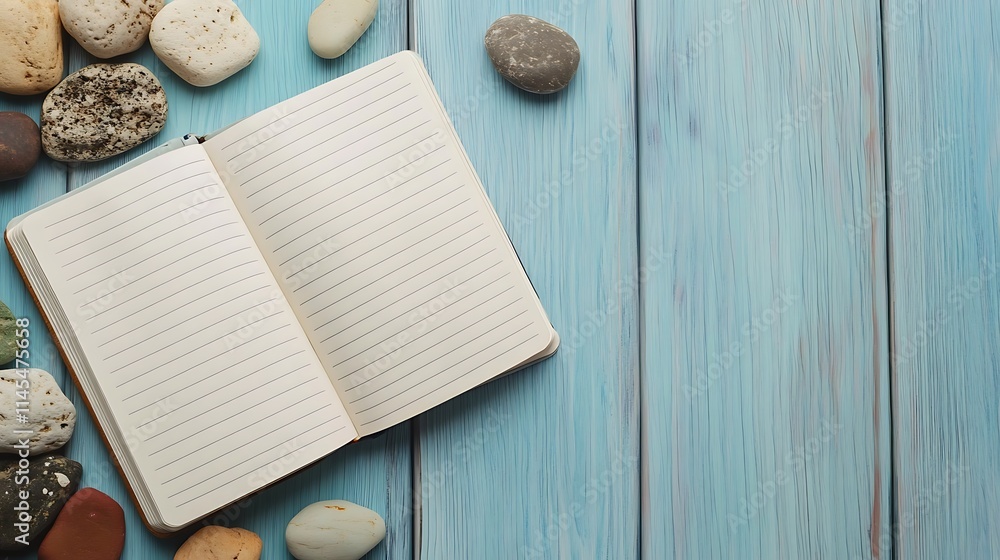 Open notebook mockup resting gently on blue wooden planks with stones. Wide shot photo.. AI Generated Open notebook mockup resting gently on blue wooden planks with stones. Wide shot photo.. AI Generated