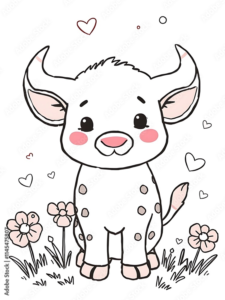 Adorable white bull illustration with flowers in a cute style.. AI Generated Adorable white bull illustration with flowers in a cute style.. AI Generated