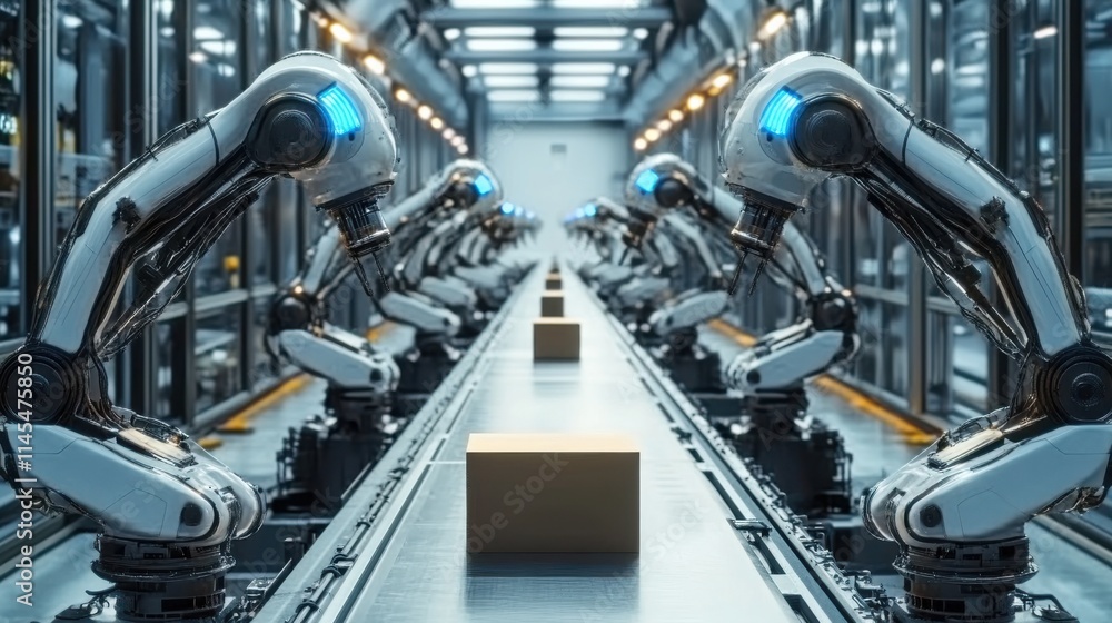 In modern factories, huge robotic arms are working on the assembly line In modern factories, huge robotic arms are working on the assembly line