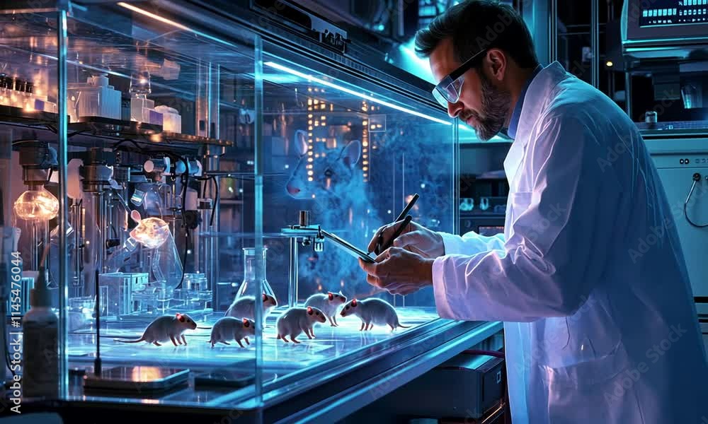 A scientist observes lab rats in a high-tech research facility, taking notes on their behavior.