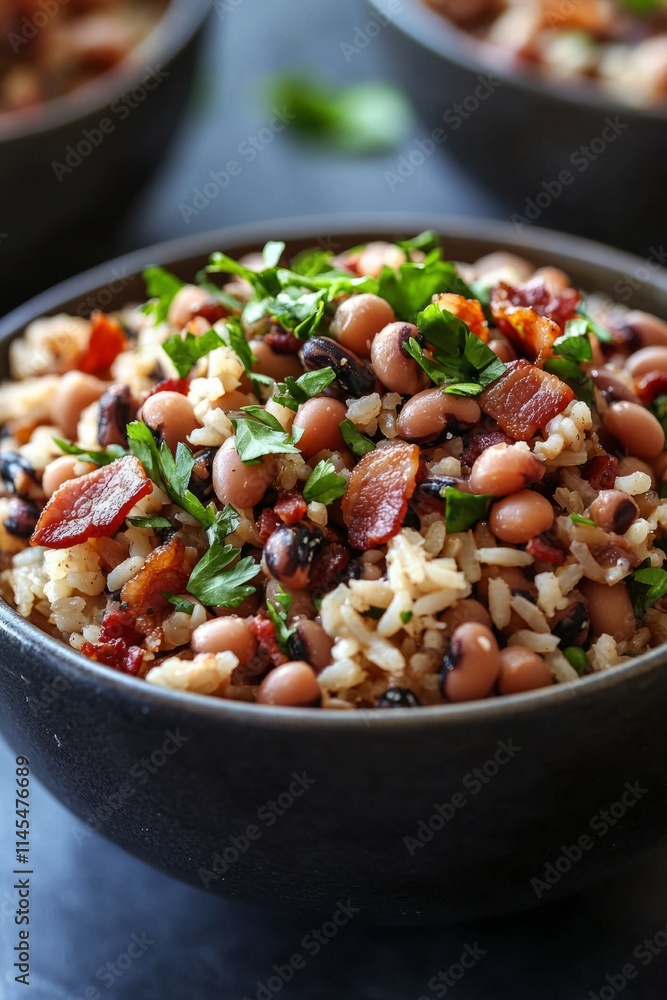 A close-up of a beautifully prepared Hoppin' John dish. The black-eyed peas, rice, and bacon, Generative AI