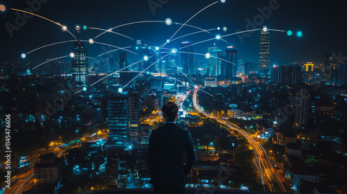 smart, digital, city, connection, network, innovation, reciprocity, cityscape, concept, Smart digital Innovation city with connection network reciprocity over the cityscape. of future smart wireless c
