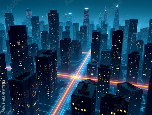 Smart city on a dark blue background, featuring intelligent infrastructure and connected buildings. This futuristic cityscape showcases IoT, 5G and AI integration. photo