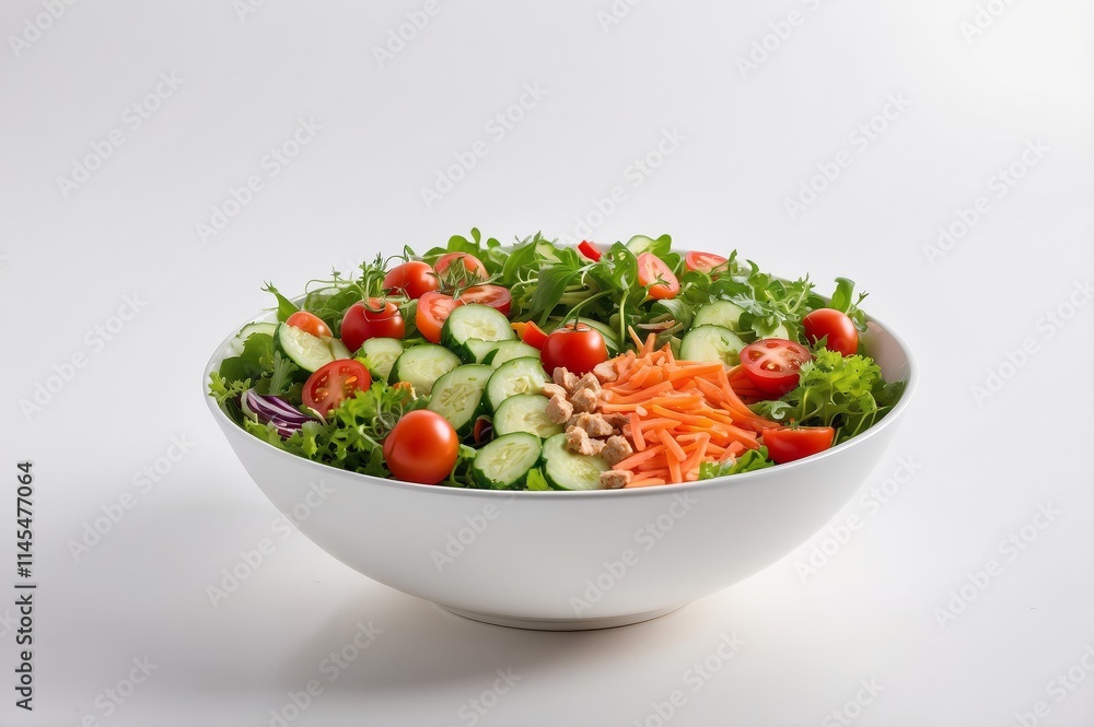 Fresh mixed green salad with cherry tomatoes, cucumber, and carrots in a white bowl. Fresh mixed green salad with cherry tomatoes, cucumber, and carrots in a white bowl.