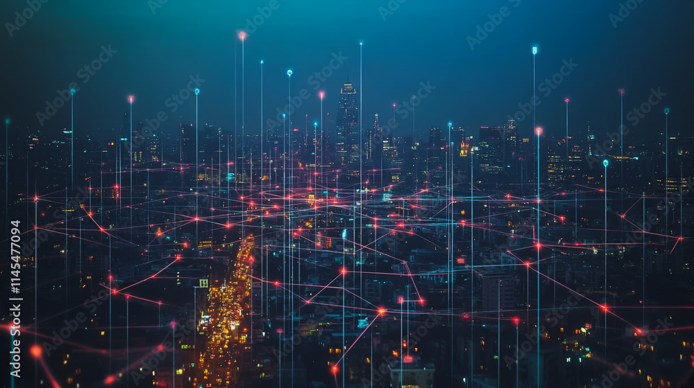Smart digital Innovation city with connection network reciprocity over the cityscape. of future smart wireless city and social media networking systems that connects business people with in city Smart digital Innovation city with connection network reciprocity over the cityscape. of future smart wireless city and social media networking systems that connects business people with in city