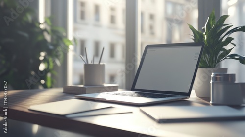 Wallpaper Mural Modern Workspace: A sleek laptop with a blank screen sits on a minimalist desk bathed in warm sunlight, surrounded by greenery and office essentials. Torontodigital.ca