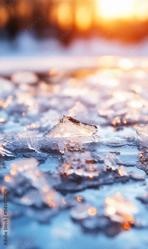 Close-up of melting ice with a warm sunset in the background. Close-up of melting ice with a warm sunset in the background.