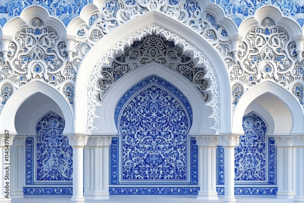 Obraz premium Intricate white arches and blue patterned tiles create a stunning architectural detail. Perfect for projects needing elegance, Islamic or Moroccan design themes.