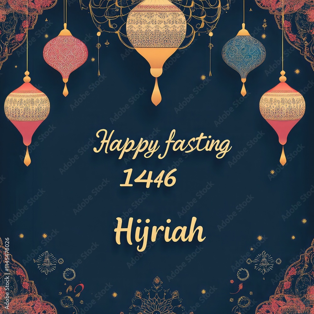 Naklejka premium the words happy fasting 1446 hijriah are decorated with Islamic ornaments such as lanterns and crescent moons, blue background