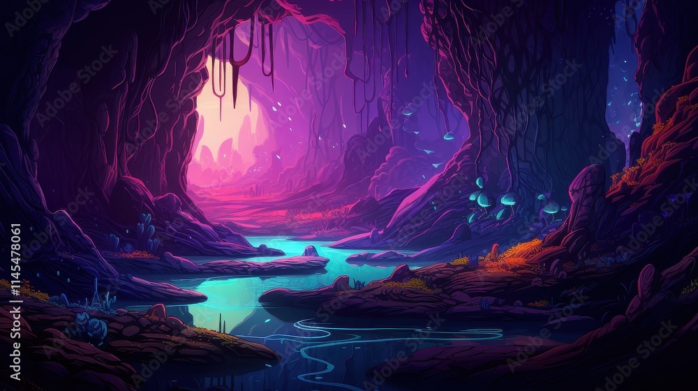 Surreal Cave Landscape With Glowing River And Flora Surreal Cave Landscape With Glowing River And Flora