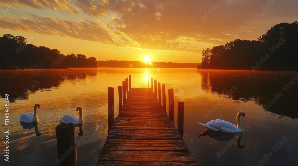 Serene sunrise over calm lake with swans and wooden dock. Serene sunrise over calm lake with swans and wooden dock.