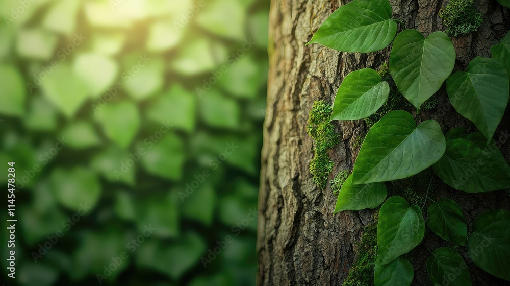 Macro natural concept. Close-up of green leaves on a tree trunk, showcasing nature's beauty and texture. Macro natural concept. Close-up of green leaves on a tree trunk, showcasing nature's beauty and texture.