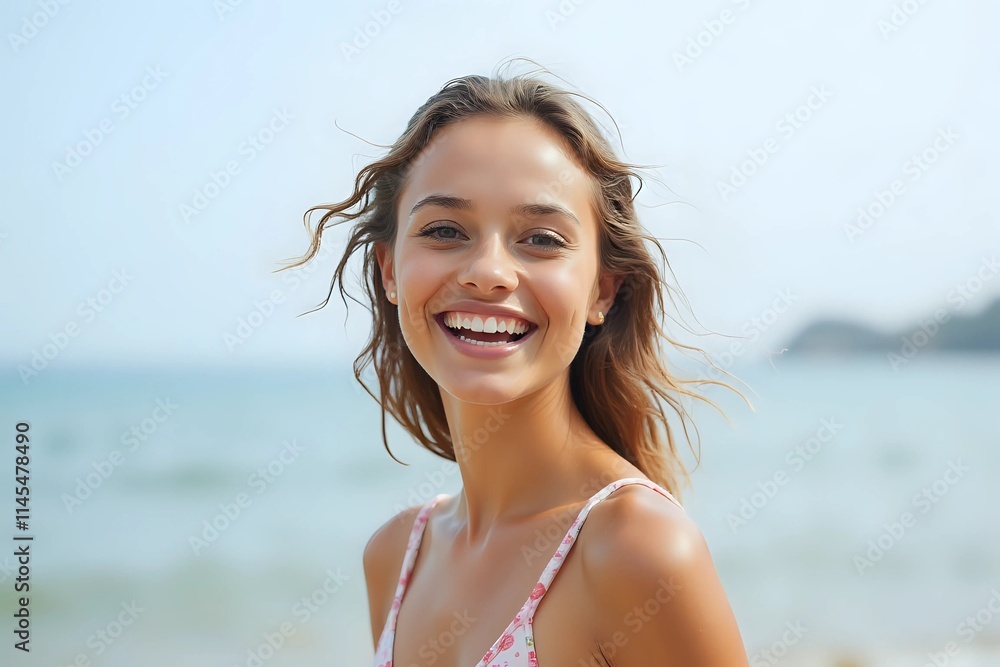 Happy beautiful young woman smiling at the beach side - Delightful girl enjoying sunny day out - Healthy lifestyle Happy beautiful young woman smiling at the beach side - Delightful girl enjoying sunny day out - Healthy lifestyle