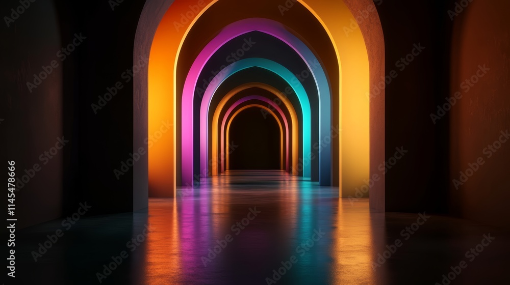 Fototapeta premium Colorful illuminated archway with reflections