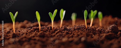 Macro natural concept. Close-up of green seedlings emerging from rich, dark soil in a vibrant growth environment.