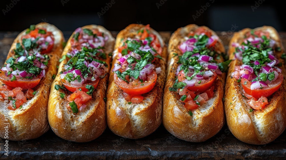 Delicious hot dogs topped with fresh vegetables. Delicious hot dogs topped with fresh vegetables.