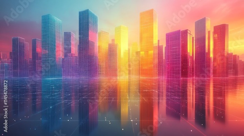 Futuristic city skyline at sunset with reflections.